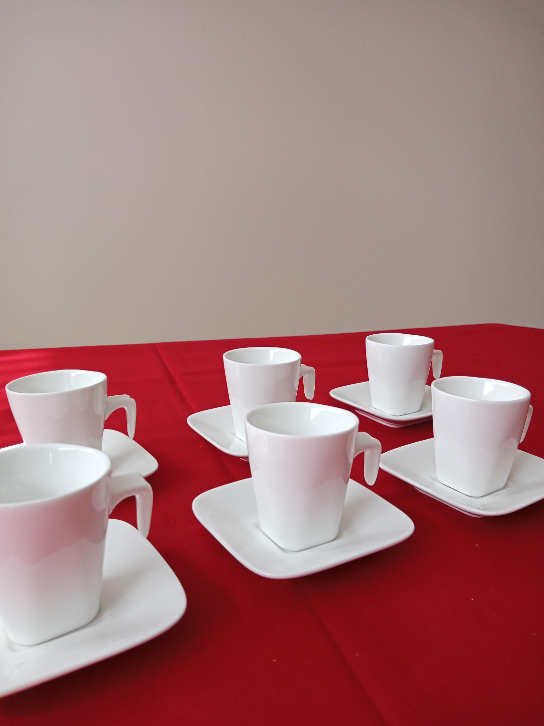 Six White Espresso Cups and Saucers
