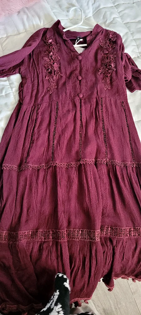 XL Burgundy Embroidered Maxi Dress with Lace Detail image indicator(2)