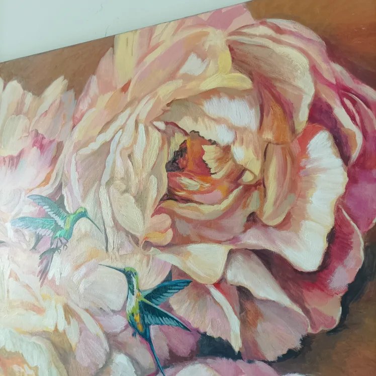 Original Oil Painting - Hummingbirds and Peonies image indicator(2)