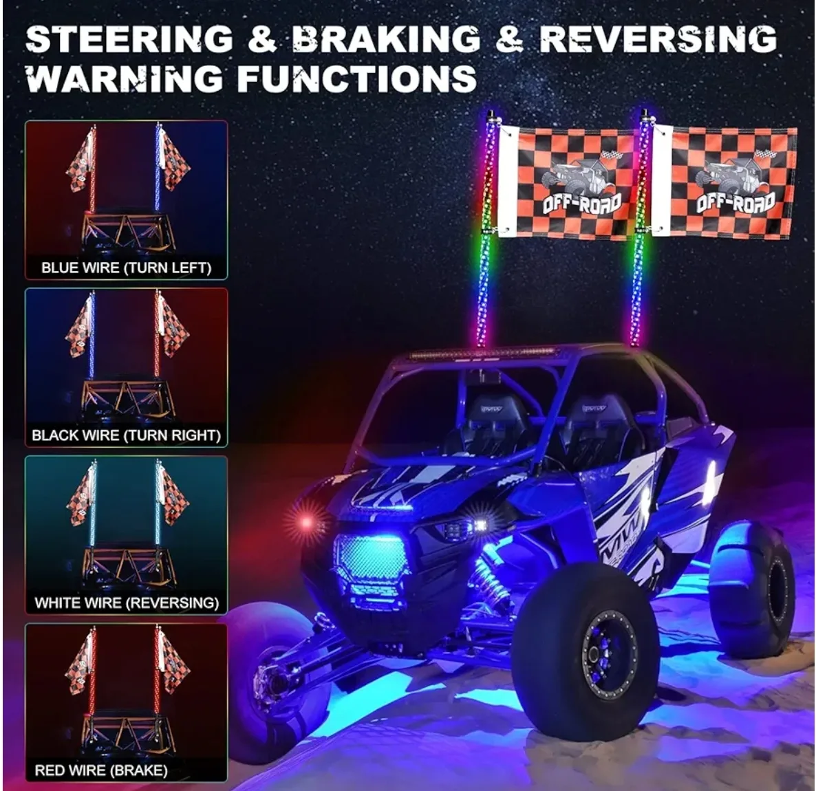 AUTOOMMO RGB LED Whip Lights - 2 Pack, 5ft, 366 Modes image indicator(9)