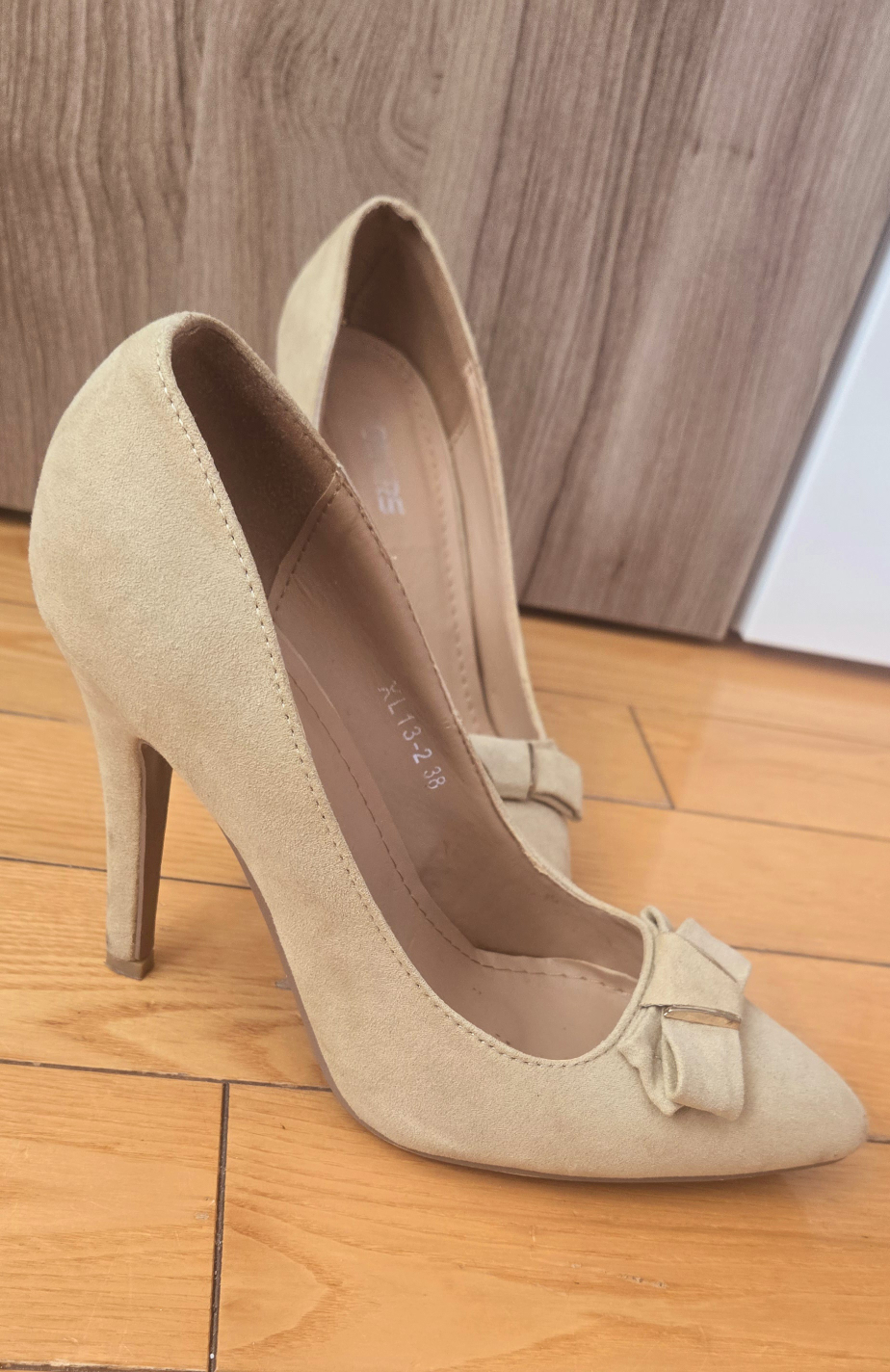 Beige Suede High Heels with Bow Detail