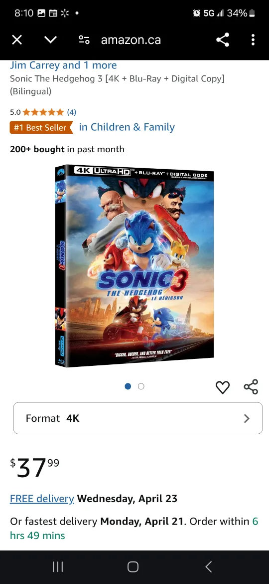 Sonic The Hedgehog 3 [4K + Blu-Ray + Digital Copy] New Sealed image indicator(5)