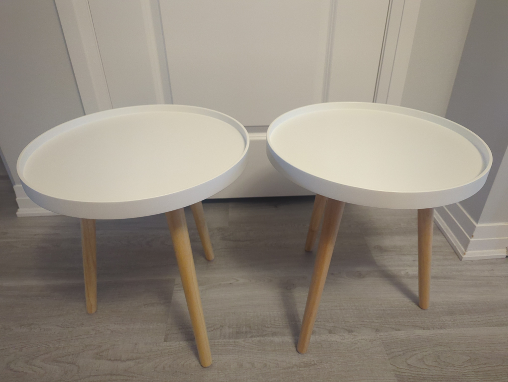Pair of White Round Side Tables with Wooden Legs