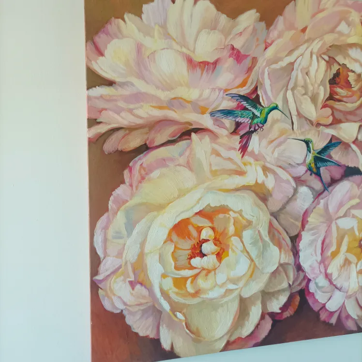 Original Oil Painting - Hummingbirds and Peonies image indicator(7)