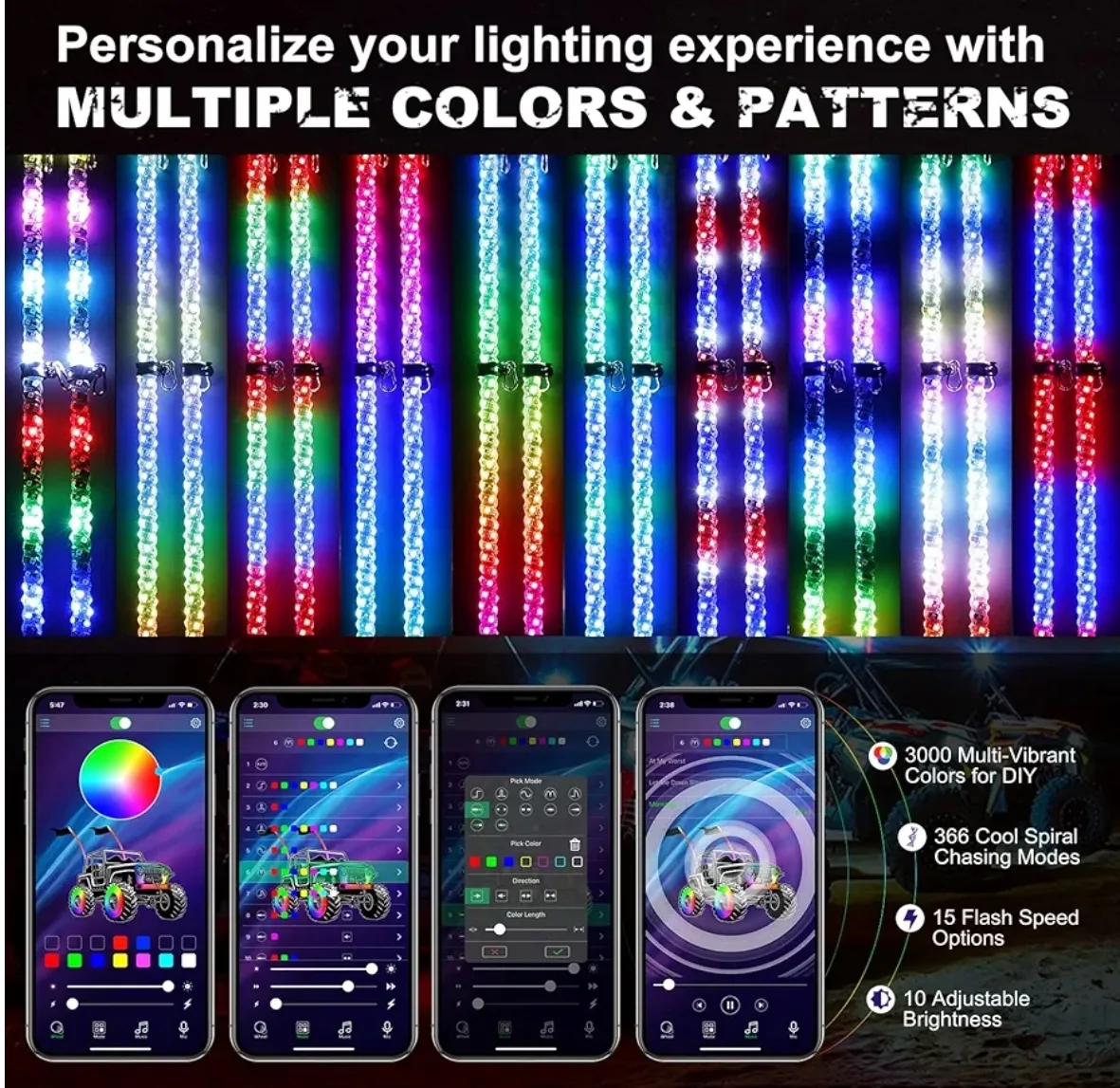 AUTOOMMO RGB LED Whip Lights - 2 Pack, 5ft, 366 Modes image indicator(7)