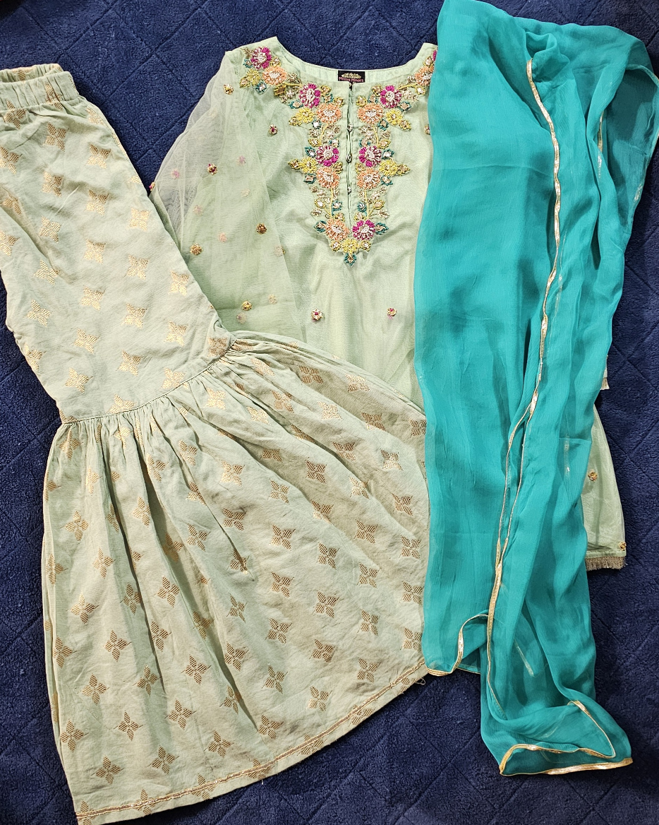Girls' Pastel Green Embroidered garara Set with Dupatta