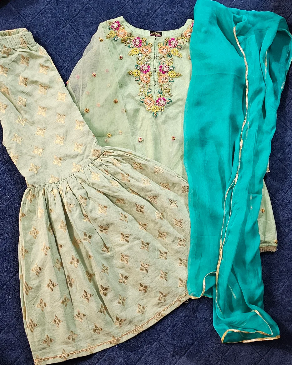 Girls' Pastel Green Embroidered garara Set with Dupatta thumbnail