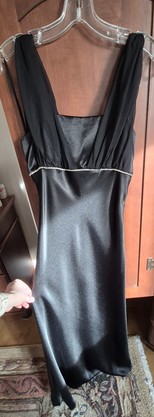 Black Satin Evening Dress with Chiffon Overlay - photo 3
