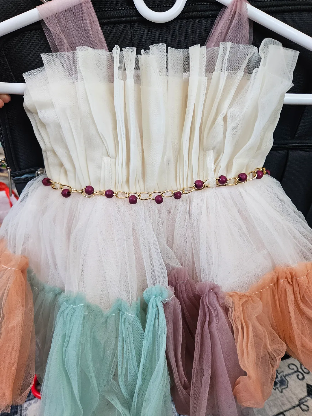Adorable Multicolored Tulle Girl's Dress with Beaded Belt image indicator(2)