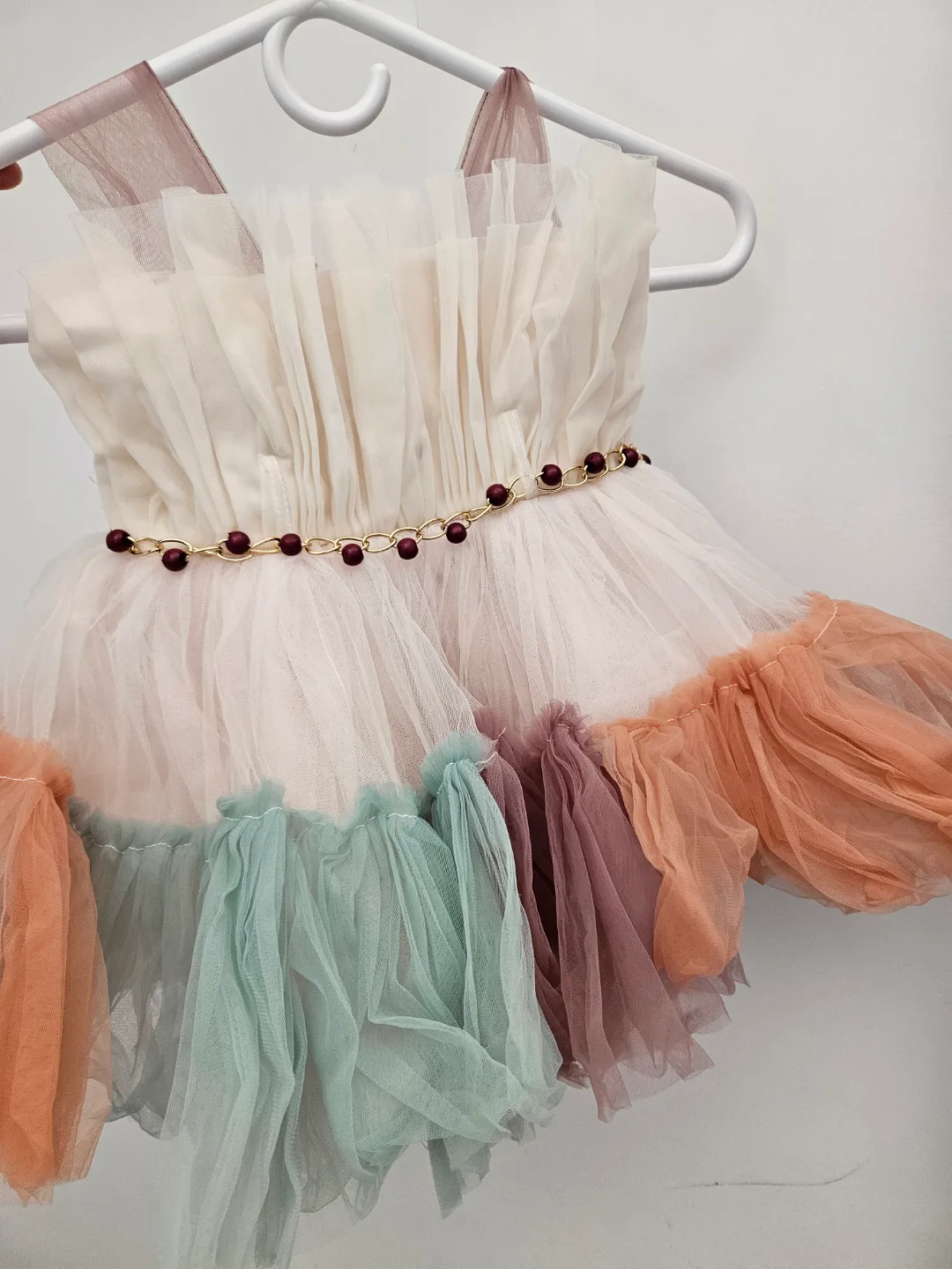 Adorable Multicolored Tulle Girl's Dress with Beaded Belt image indicator(3)