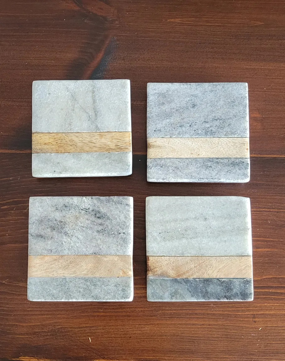 Set of 4 Marble Coasters with Wood Accents image indicator(2)