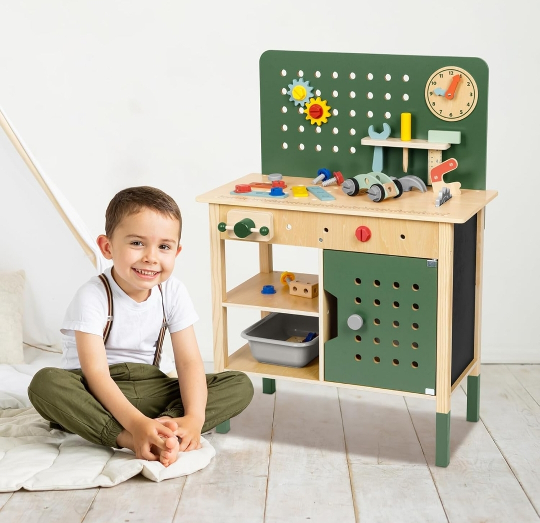 Kids Wooden Tool Bench Playset - Pretend Play Toy Workbench