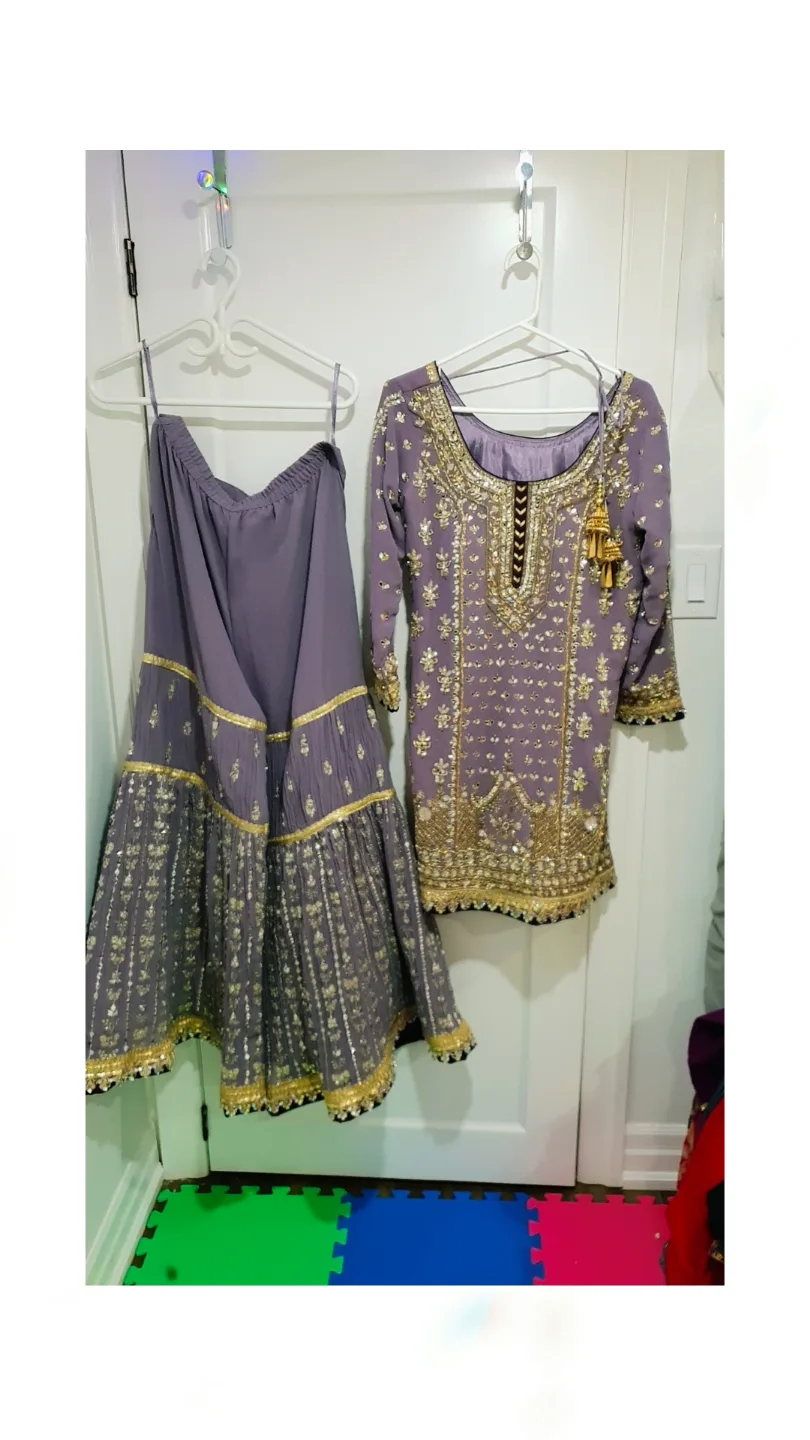 Gorgeous Purple and Gold Party wear sharara suit image indicator(4)