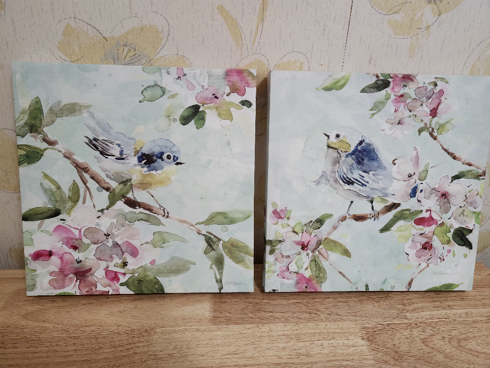 Pair of Bird and Blossom Canvas Wall Art Prints