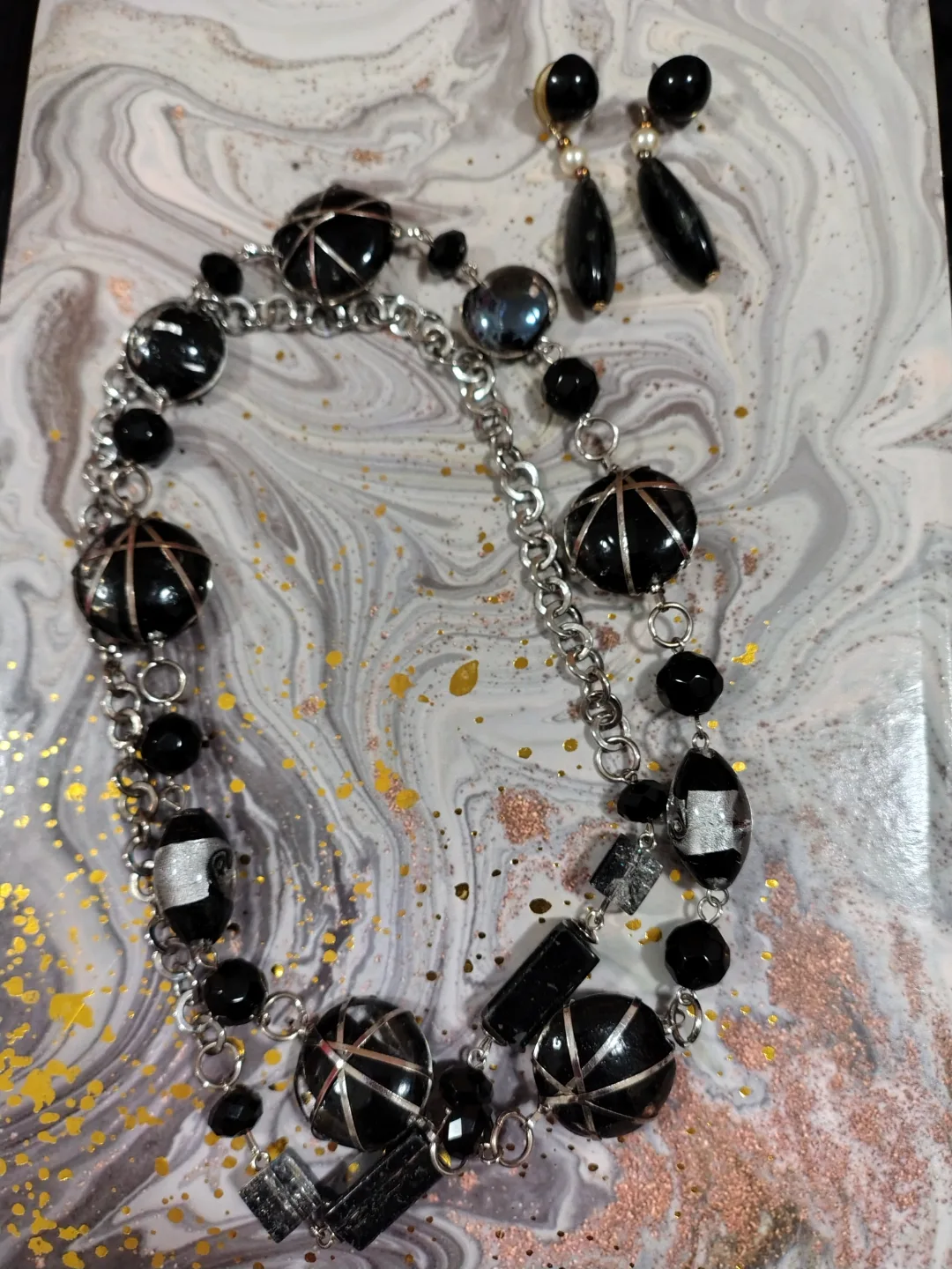 Elegant Black and Silver Beaded Necklace and Earring Set thumbnail
