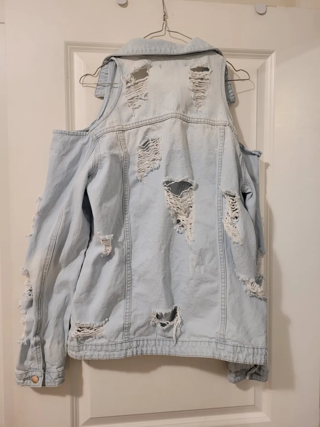 Revamped Denim Light Wash Distressed Cold Shoulder Jacket Size L image indicator(2)