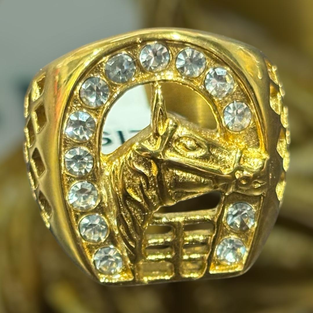 Gold Horseshoe Horse Head Ring with Clear CZ Stones