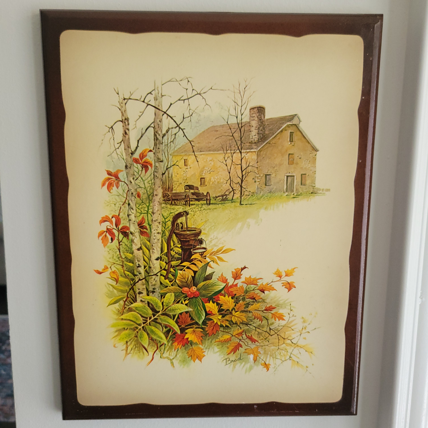 Set of four vintage framed autumnal prints on wood