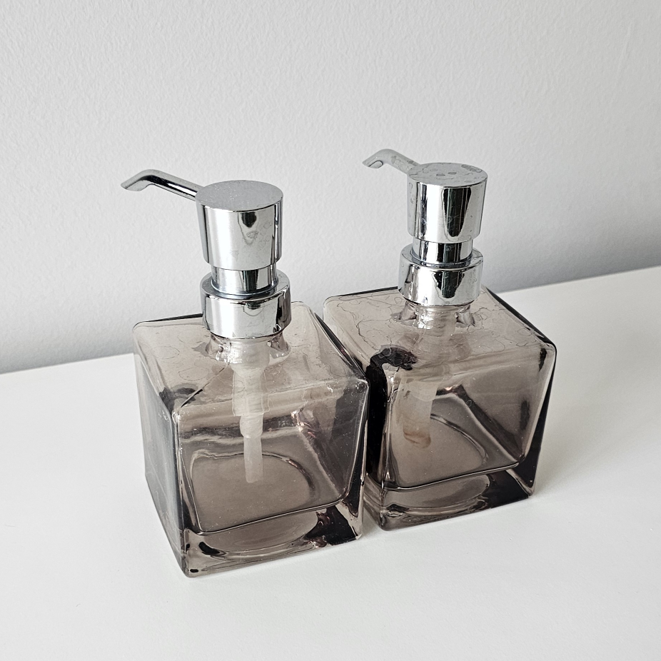 Pair of Smoke Grey Glass Soap Dispensers with Chrome Pumps - photo 2