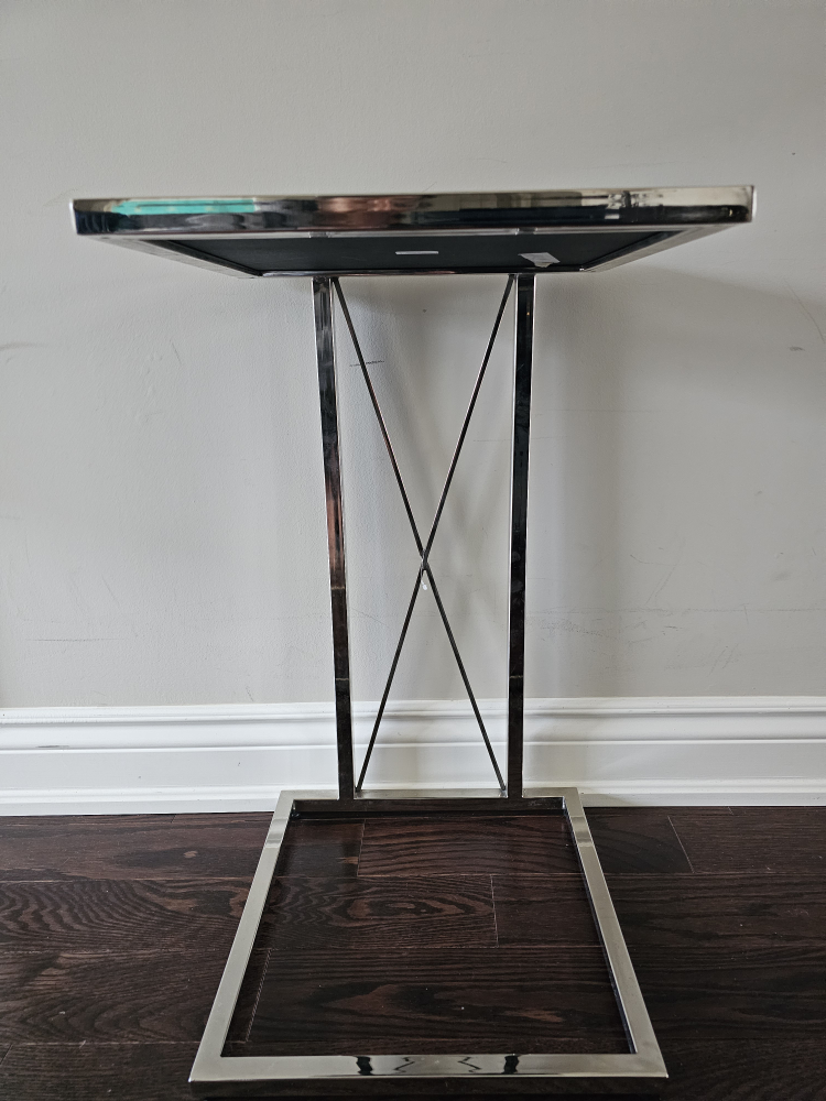 Silver Metal Framed Mirror & Black Glass Side Table Set - photo 3