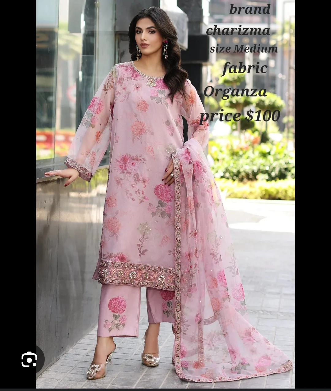 Charizma Pink Floral Organza Shalwar Kameez Suit - Size Medium thumbnail