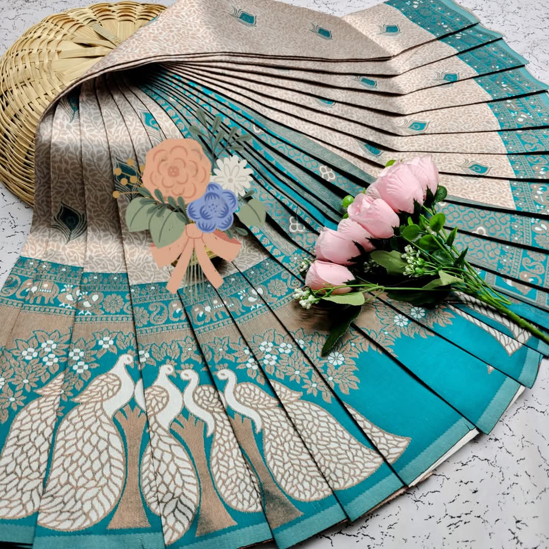 Beautiful Teal and Beige Silk Saree with Peacock Design
