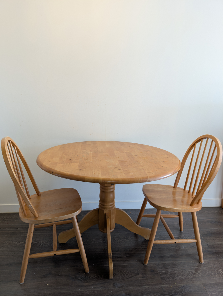 Round Wooden Dining Table and Two Chairs