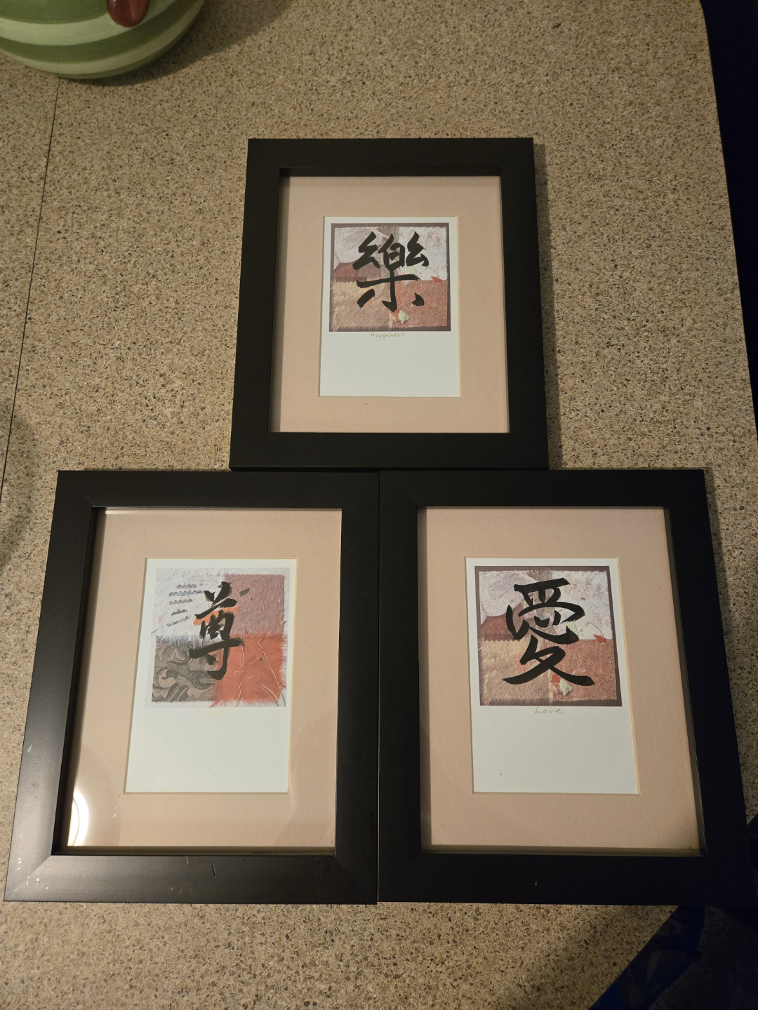 Set of three framed prints, Happiness Respect and Love