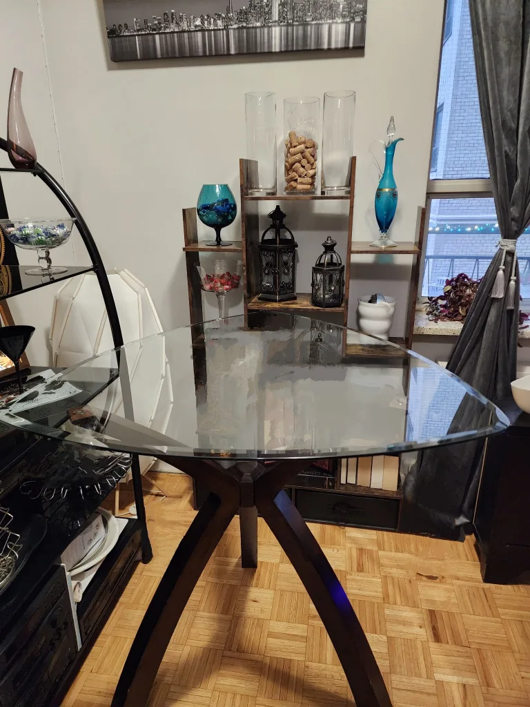 Unique Glass-Top Tall Dining Table with Dark Wood Base image indicator(2)