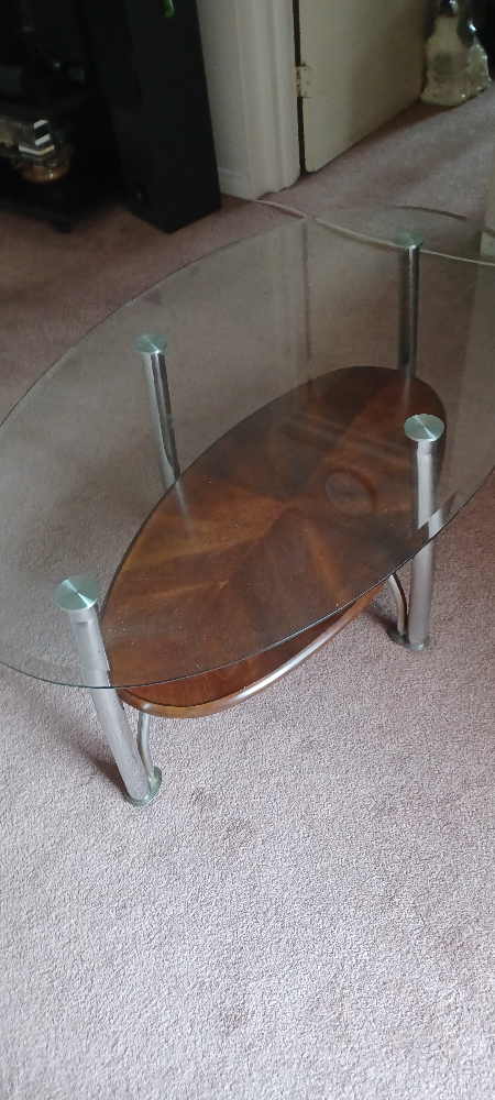 Oval Glass Top Coffee Table with Wood Base