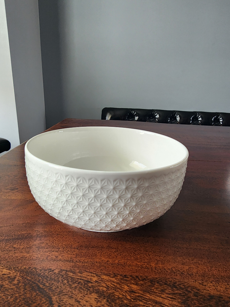 White Ceramic Bowl with Embossed Pattern