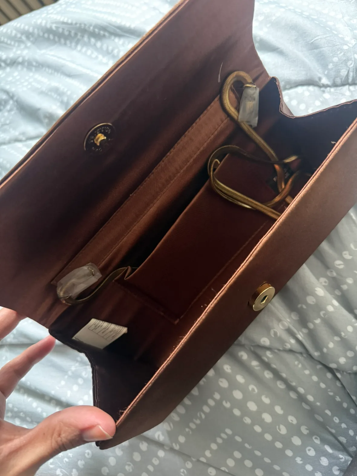 Brown Satin Evening Clutch with Gold Chain image indicator(2)