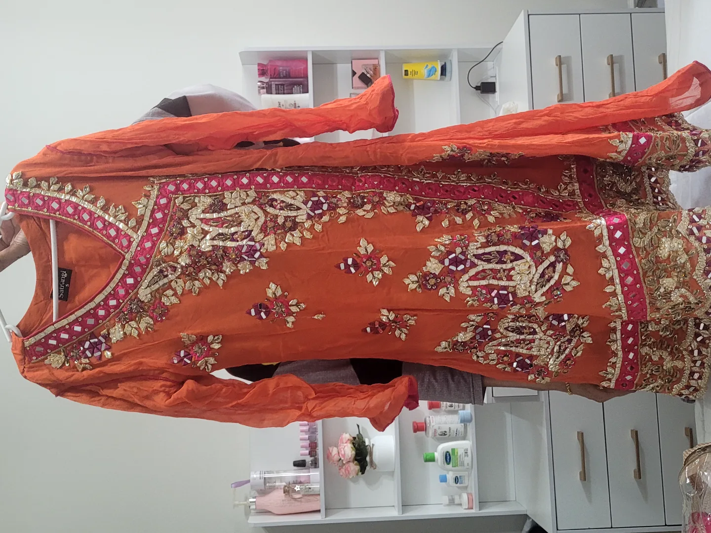 Sathangi Orange & Pink Embroidered Shalwar Kameez Suit image indicator(6)