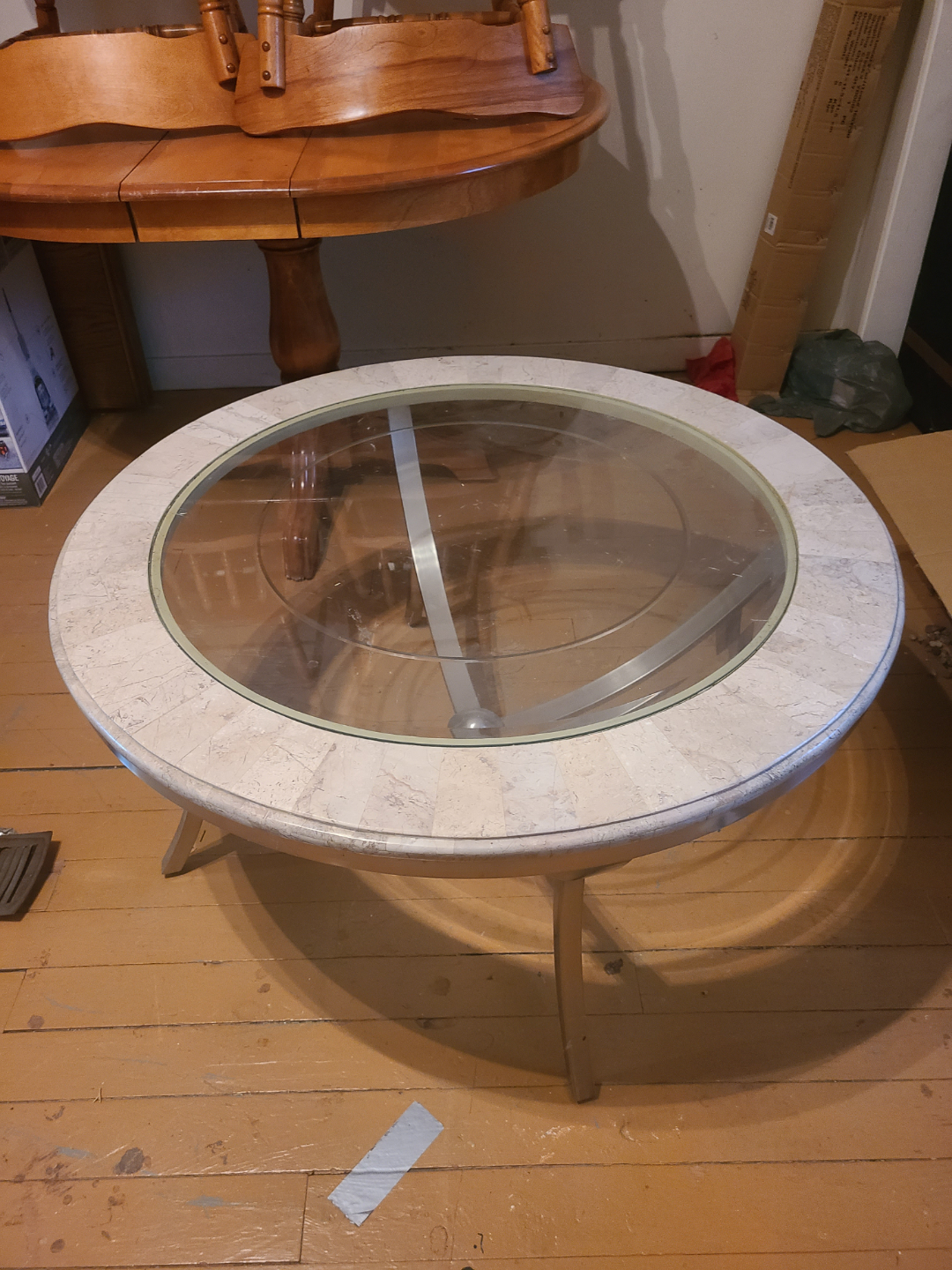 Round Glass Top Coffee Table with Marble Inlay