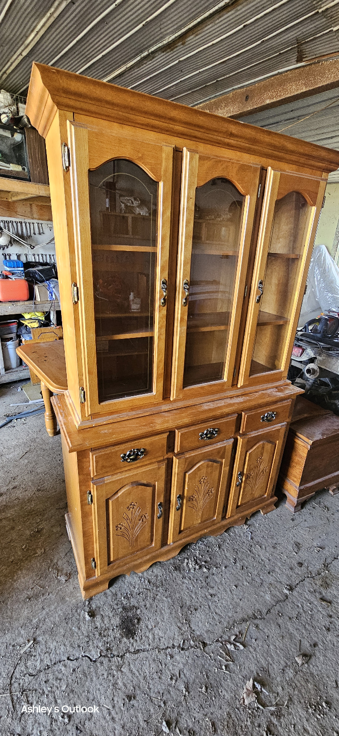 Wooden Hutch with Glass Doors and Drawers