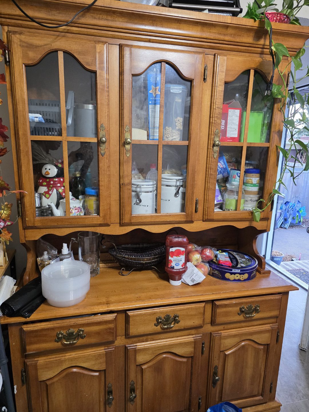 Vintage Wooden Hutch with Glass Doors
