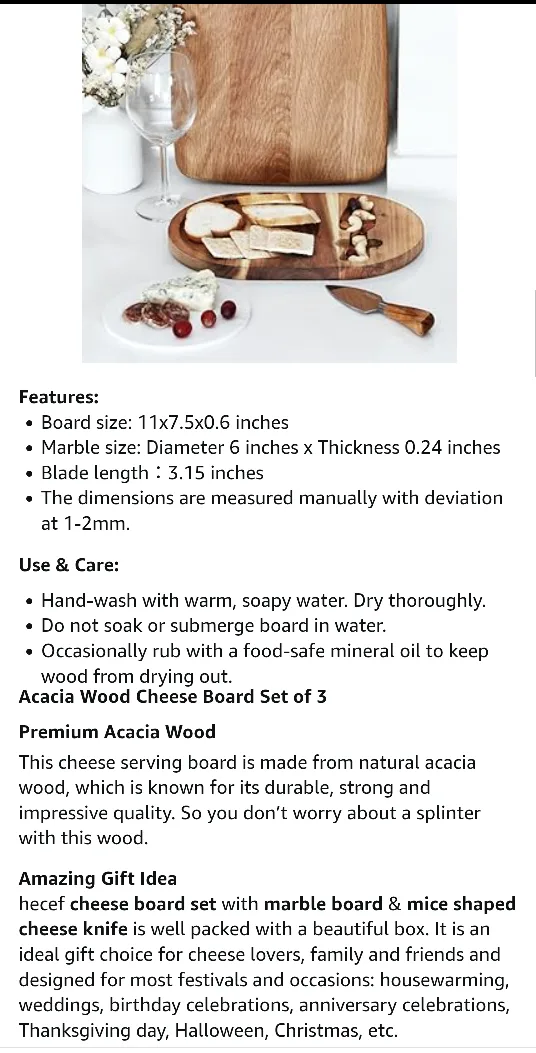 (NEW) Heccef Acacia Wood Cheese Board Set with Marble and Knife image indicator(8)