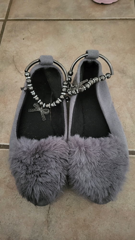 Grey Furry Flats with Beaded Ankle Detail - Size 37
