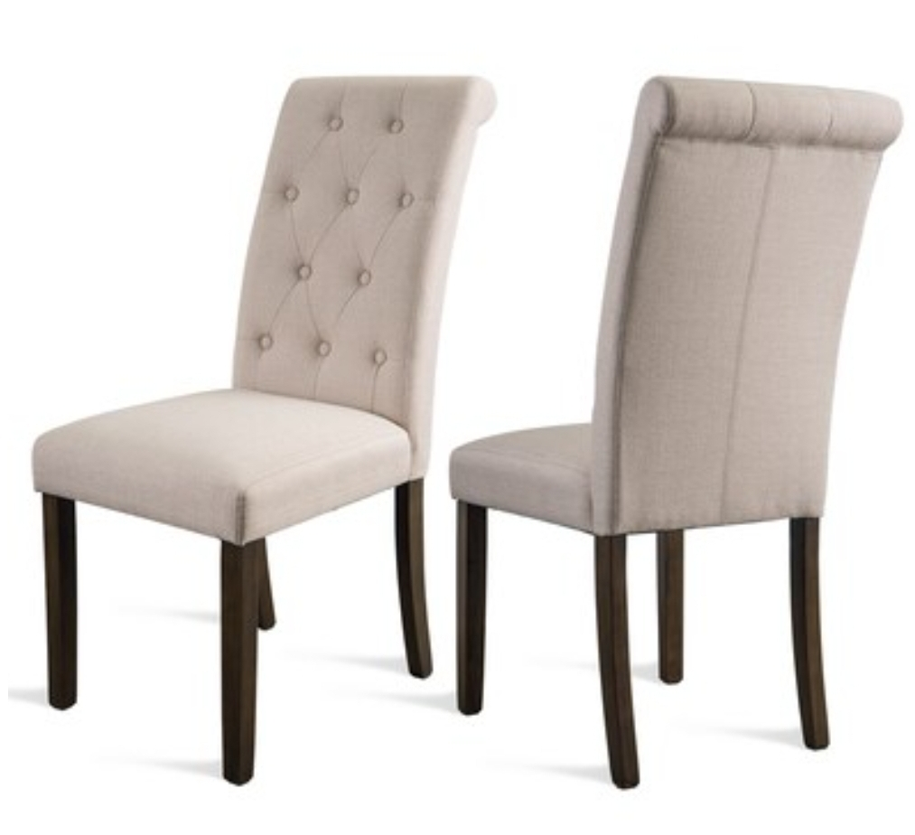 Pair of Beige Tufted Dining Chairs with Dark Brown Legs