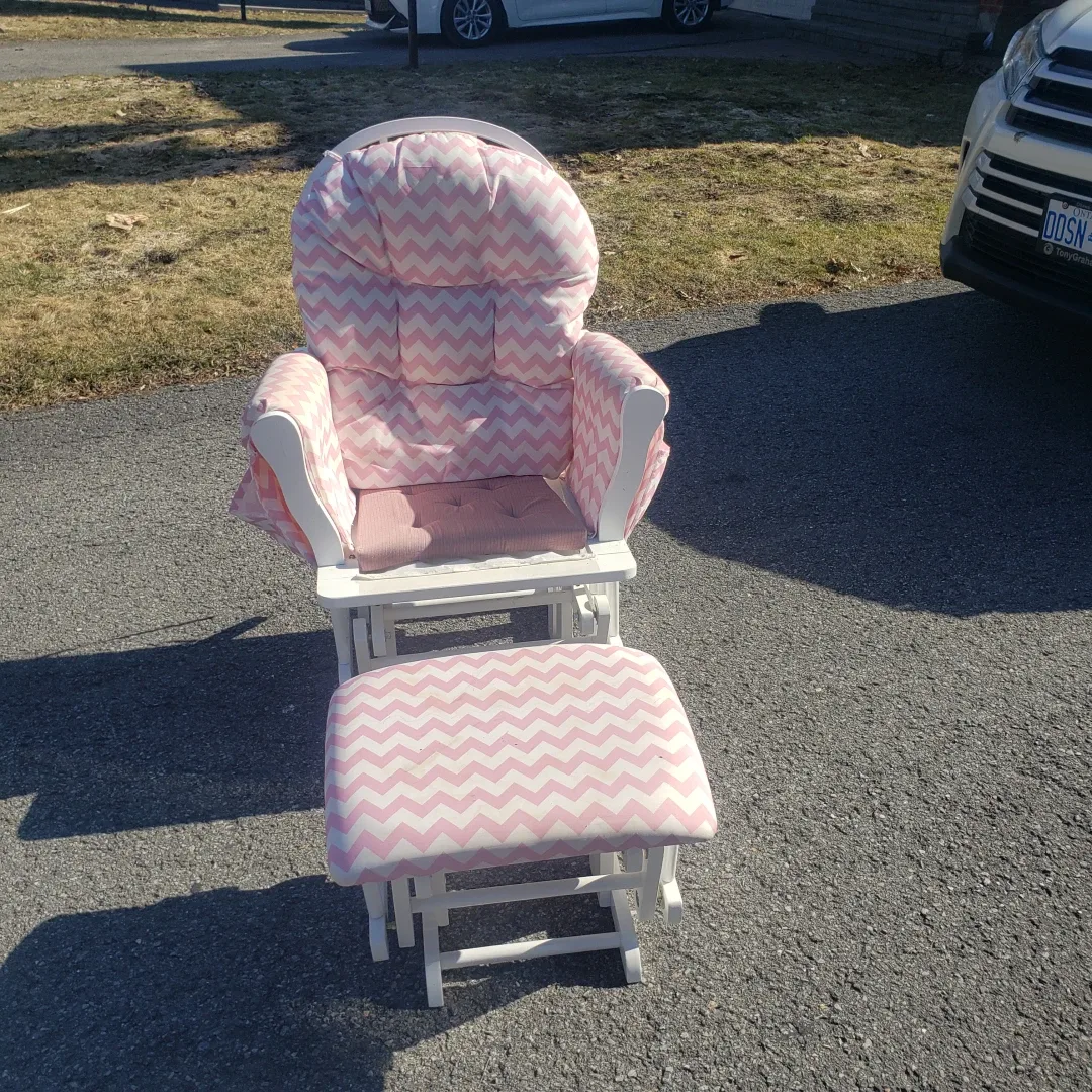 White Rocking Chair and Ottoman with Pink Chevron Cushions thumbnail