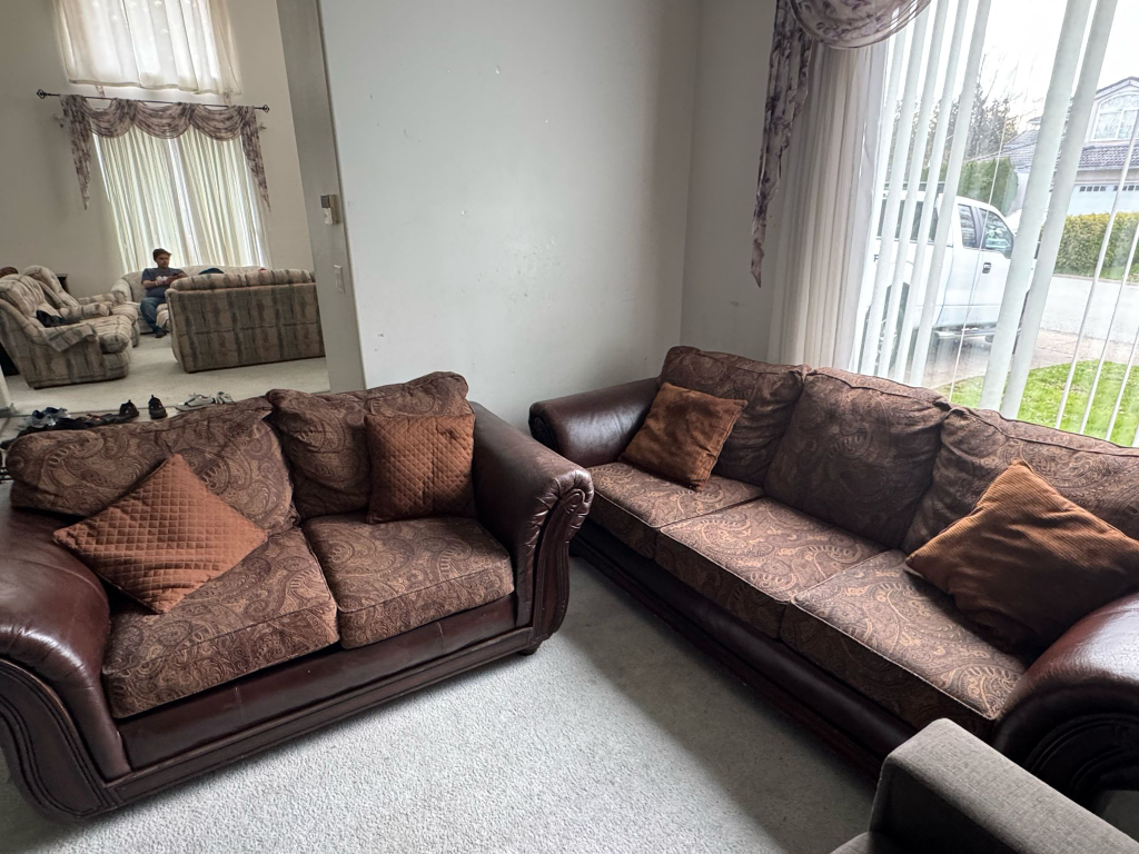 Brown Leather and Fabric Sofa Set