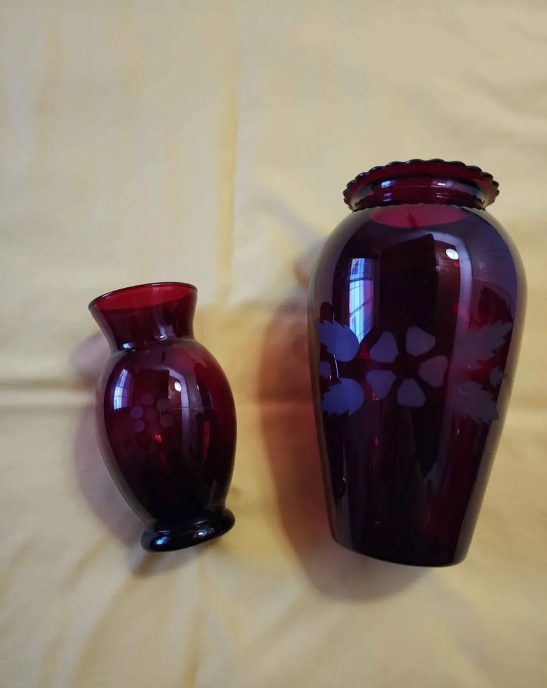 Pair of Vintage Ruby Red glass vases with etched floral design image indicator(2)