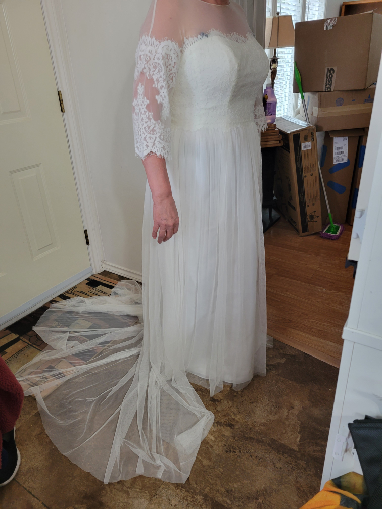 Gorgeous Off-White Lace Wedding Gown with Tulle Train - photo 3