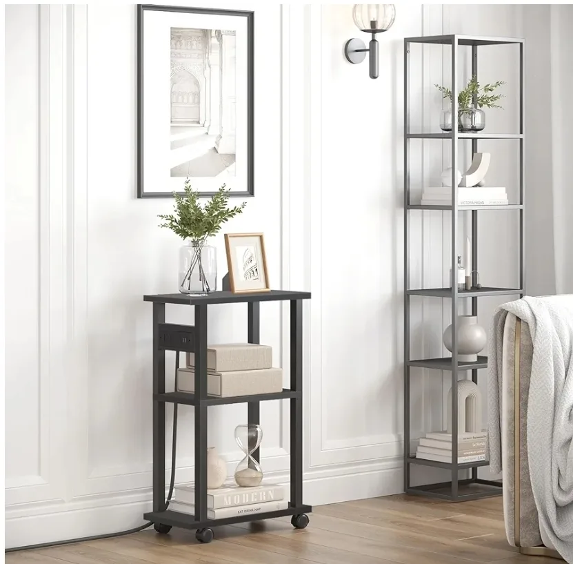 Black 3-Tier Rolling Side Table with Charging Station thumbnail