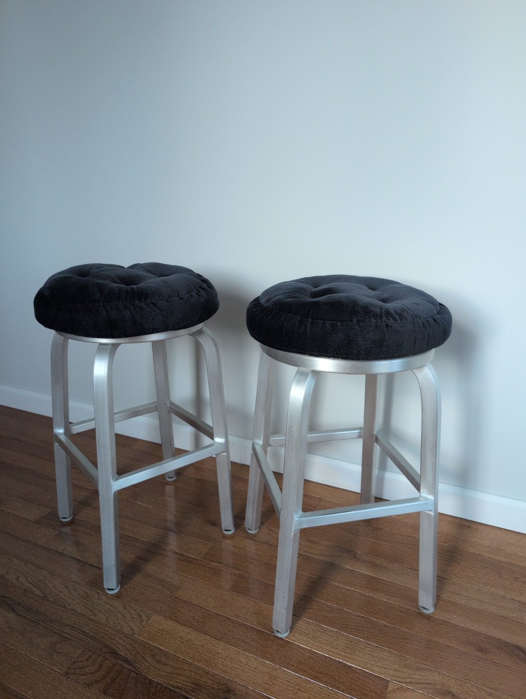 Pair of Metal Stools with Blue Cushions