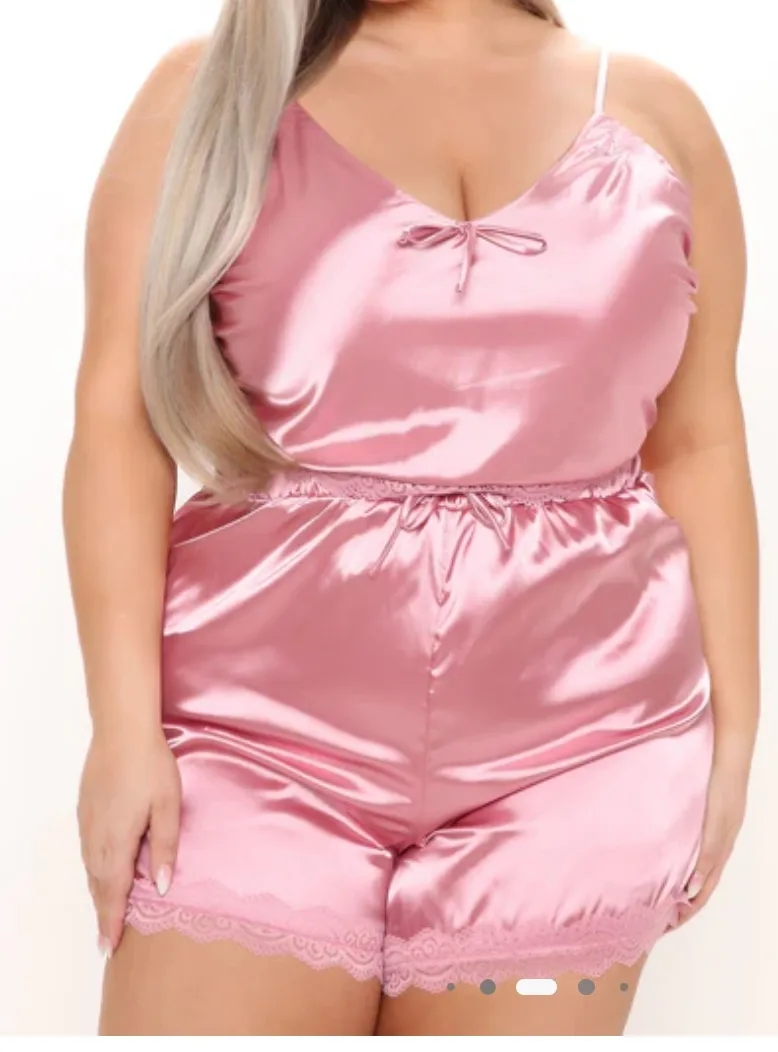 Pink Satin Pajama Set with Lace Trim *never worn* thumbnail