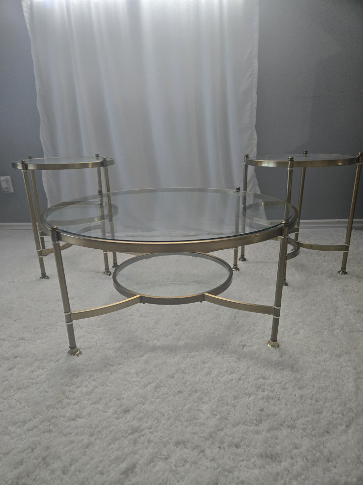 Mid-Century Modern Brass and Glass Coffee Table Set - photo 4