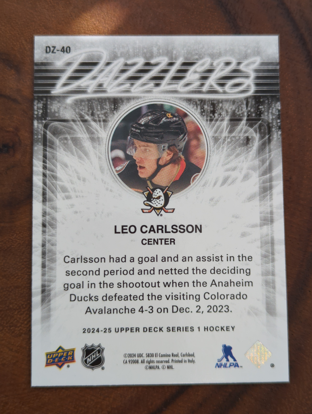 Green Dazzlers 24-25  UD Series One - Bobrovsky & Carlsson - photo 5