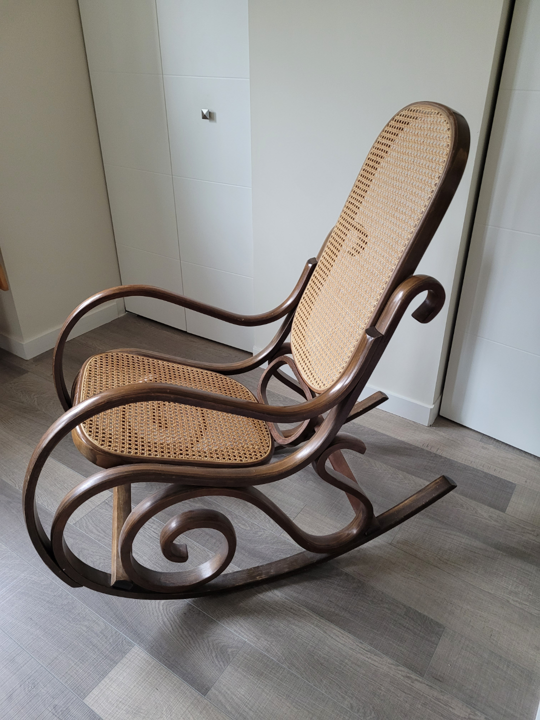 Vintage Wooden Rocking Chair with Caned Seat and Back