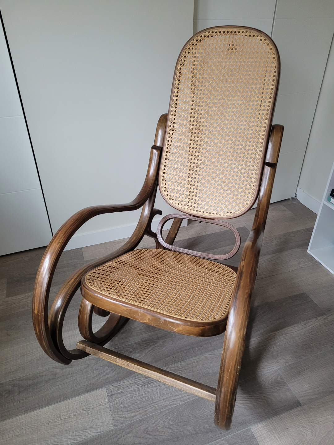 Vintage Wooden Rocking Chair with Caned Seat and Back - photo 2